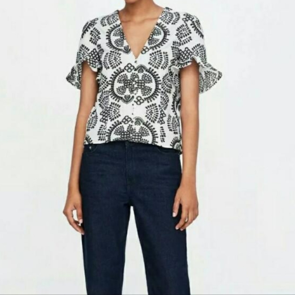 Zara Embroidered Ruffle Sleeve Top - Picture 9 of 11